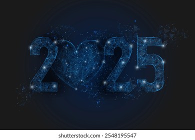 Abstract isolated blue image of new year number 2025. Polygonal low poly wireframe illustration looks like stars in the black night sky in space or flying glass shards. Digital web, internet design.