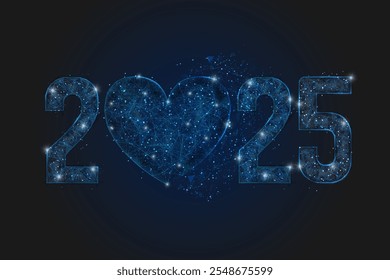 Abstract isolated blue image of new year number 2025. Polygonal low poly wireframe illustration looks like stars in the black night sky in space or flying glass shards. Digital web, internet design.