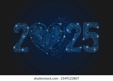 Abstract isolated blue image of new year number 2025. Polygonal low poly wireframe illustration looks like stars in the black night sky in space or flying glass shards. Digital web, internet design.