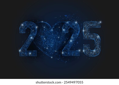 Abstract isolated blue image of new year number 2025. Polygonal low poly wireframe illustration looks like stars in the black night sky in space or flying glass shards. Digital web, internet design.