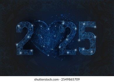 Abstract isolated blue image of new year number 2025. Polygonal low poly wireframe illustration looks like stars in the black night sky in space or flying glass shards. Digital web, internet design.