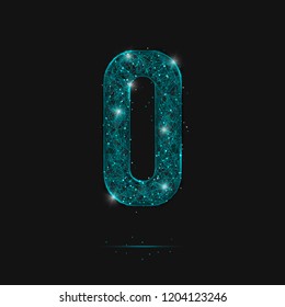 Abstract isolated blue image of a number zero. Polygonal illustration looks like stars in the blask night sky in spase or flying glass shards. Digital design for website, web, internet.