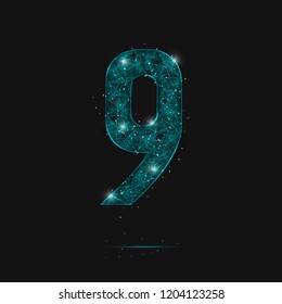Abstract isolated blue image of a number nine. Polygonal illustration looks like stars in the blask night sky in spase or flying glass shards. Digital design for website, web, internet.