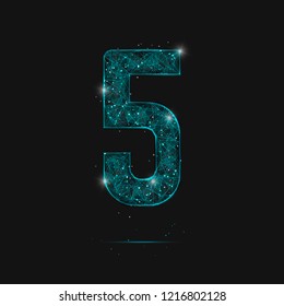 Abstract isolated blue image of a number five. Polygonal illustration looks like stars in the blask night sky in spase or flying glass shards. Digital design for website, web, internet.