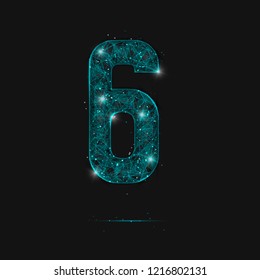 Abstract isolated blue image of a number six. Polygonal illustration looks like stars in the blask night sky in spase or flying glass shards. Digital design for website, web, internet.
