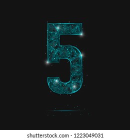 Abstract isolated blue image of a number five. Polygonal illustration looks like stars in the blask night sky in spase or flying glass shards. Digital design for website, web, internet.