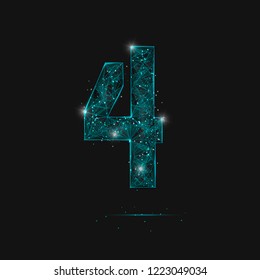 Abstract isolated blue image of a number four. Polygonal illustration looks like stars in the blask night sky in spase or flying glass shards. Digital design for website, web, internet.