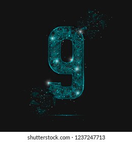 Abstract isolated blue image of a number nine. Polygonal illustration looks like stars in the blask night sky in spase or flying glass shards. Digital design for website, web, internet.