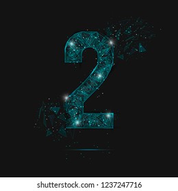 Abstract isolated blue image of a number two. Polygonal illustration looks like stars in the blask night sky in spase or flying glass shards. Digital design for website, web, internet.