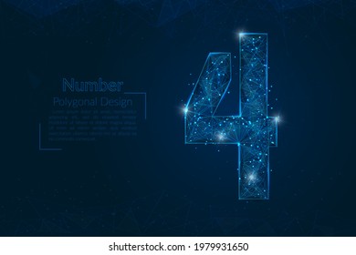 Resumen de la imagen azul aislada de un número cuatro. La ilustración poligonal se parece a las estrellas en el cielo nocturno del matraz en fragmentos de vidrio flotantes o de esfase. Diseño digital para sitios web, web, internet