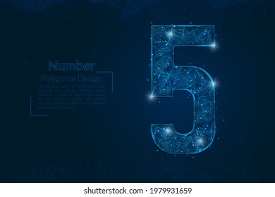 Resumen de la imagen azul aislada de un número cinco. La ilustración poligonal se parece a las estrellas en el cielo nocturno del matraz en fragmentos de vidrio flotantes o de esfase. Diseño digital para sitios web, web, internet