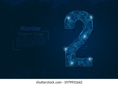 Resumen de la imagen azul aislada de un número dos. La ilustración poligonal se parece a las estrellas en el cielo nocturno del matraz en fragmentos de vidrio flotantes o de esfase. Diseño digital para sitios web, web, internet
