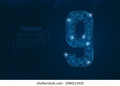 Abstract isolated blue image of a number nine. Polygonal illustration looks like stars in the blask night sky in spase or flying glass shards. Digital design for website, web, internet