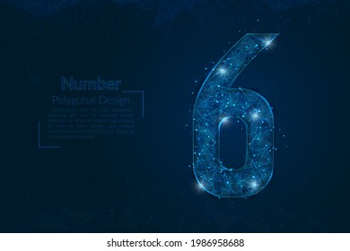 Resumen de la imagen azul aislada de un número seis. La ilustración poligonal se parece a las estrellas en el cielo nocturno del matraz en fragmentos de vidrio flotantes o de esfase. Diseño digital para sitios web, web, internet