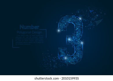 Abstract isolated blue image of a number three. Polygonal illustration looks like stars in the blask night sky in spase or flying glass shards. Digital design for website, web, internet
