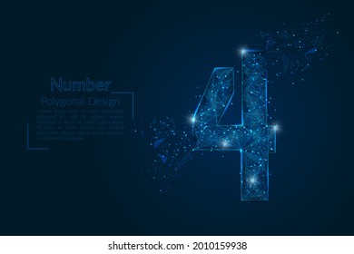 Resumen de la imagen azul aislada de un número cuatro. La ilustración poligonal se parece a las estrellas en el cielo nocturno del matraz en fragmentos de vidrio flotantes o de esfase. Diseño digital para sitios web, web, internet