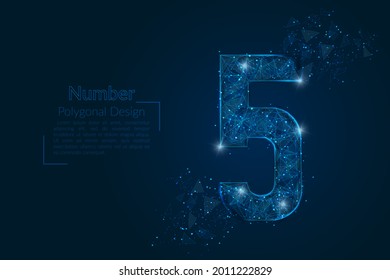 Abstract isolated blue image of a number five. Polygonal illustration looks like stars in the blask night sky in spase or flying glass shards. Digital design for website, web, internet
