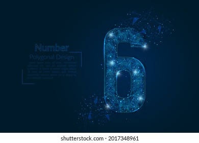Abstract isolated blue image of a number six. Polygonal illustration looks like stars in the blask night sky in spase or flying glass shards. Digital design for website, web, internet
