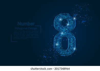 Resumen de la imagen azul aislada de un número ocho. La ilustración poligonal se parece a las estrellas en el cielo nocturno del matraz en fragmentos de vidrio flotantes o de esfase. Diseño digital para sitios web, web, internet