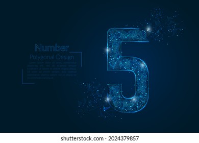 Abstraktes, isoliertes blaues Bild einer Nummer fünf. Polygonale Illustration sieht aus wie Sterne am Himmel der Dunkelblase in der Luft oder fliegende Glassplitter. Digitales Design für Website, Web, Internet