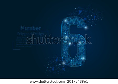 Abstract isolated blue image of a number six. Polygonal illustration looks like stars in the blask night sky in spase or flying glass shards. Digital design for website, web, internet