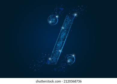 Abstract isolated blue image of a percent sign. Polygonal illustration looks like stars in the blask night sky in spase or flying glass shards. Digital design for website, web, internet.