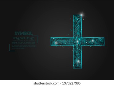 Abstract isolated blue image of a plus or cross sign. Polygonal illustration looks like stars in the blask night sky in spase or flying glass shards. Digital design for website, web, internet