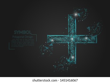 Abstract isolated blue image of a plus or cross sign. Polygonal illustration looks like stars in the blask night sky in spase or flying glass shards. Digital design for website, web, internet.