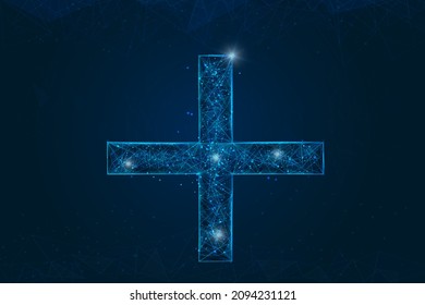 Abstract isolated blue image of a plus or cross sign. Polygonal illustration looks like stars in the blask night sky in spase or flying glass shards. Digital design for website, web, internet