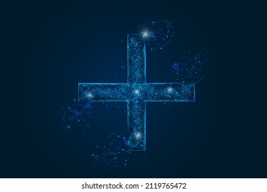 Abstract isolated blue image of a plus or cross sign. Polygonal illustration looks like stars in the blask night sky in spase or flying glass shards. Digital design for website, web, internet.