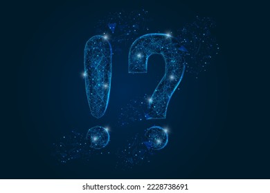 Abstract isolated blue image of a question fnd exclamation signs. Polygonal illustration looks like stars in the blask night sky in spase or flying glass shards. Digital design for website, web.