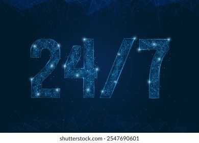 Abstract isolated blue image of signboard 24 7 open hours time. Polygonal low poly wireframe illustration looks like stars in the black night sky in space or flying glass shards.