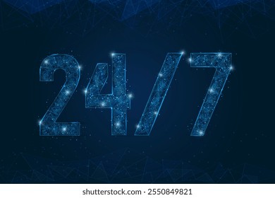 Abstract isolated blue image of signboard 24 7 open hours time. Polygonal low poly wireframe illustration looks like stars in the black night sky in space or flying glass shards.