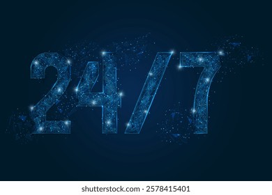 Abstract isolated blue image of signboard 24 7 open hours time. Polygonal low poly wireframe illustration looks like stars in the black night sky in space or flying glass shards.