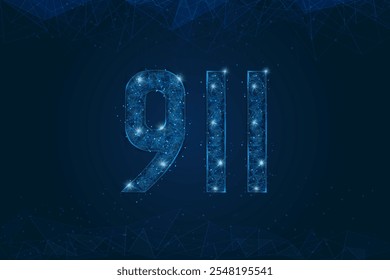 Abstract isolated blue image of The symbolic number 911 nine hundred eleven . Polygonal low poly wireframe illustration looks like stars in the black night sky in space or flying glass shards.