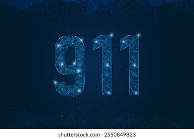 Abstract isolated blue image of The symbolic number 911 nine hundred eleven . Polygonal low poly wireframe illustration looks like stars in the black night sky in space or flying glass shards.