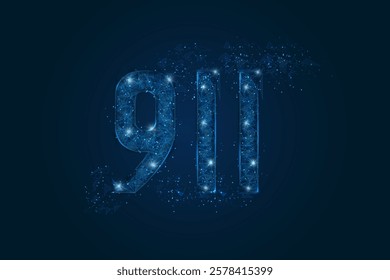 Abstract isolated blue image of The symbolic number 911 nine hundred eleven . Polygonal low poly wireframe illustration looks like stars in the black night sky in space or flying glass shards.