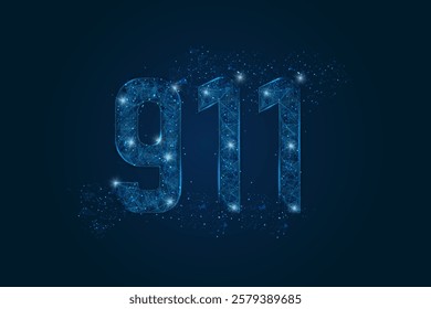 Abstract isolated blue image of The symbolic number 911 nine hundred eleven . Polygonal low poly wireframe illustration looks like stars in the black night sky in space or flying glass shards.