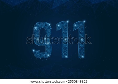 Abstract isolated blue image of The symbolic number 911 nine hundred eleven . Polygonal low poly wireframe illustration looks like stars in the black night sky in space or flying glass shards.