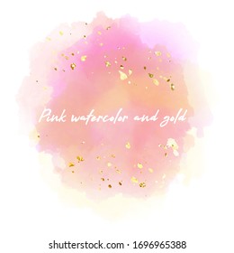 Abstract isolated colorful Pink-yellow vector watercolor stain design template on white background with golden drops, sparkles. Watercolor Paint vector texture. Design element For card, banner.