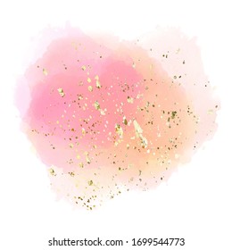 Abstract isolated colorful Pink-yellow vector watercolor stain design template on white background with golden drops, sparkles. Watercolor Paint vector texture. Design element For card, banner.