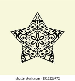 Abstract isolated damask pattern star geometric shape on beige background - black pentagonal vector design element