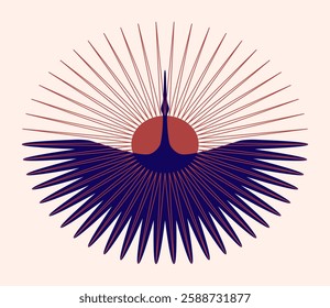 Abstract isolated flat minimalist blue terracotta flying stork, crane, bird, sun rays. Spread Wings. Vector illustration EPS10