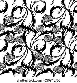 Abstract isolated floral seamless pattern. Flourish hand drawn vector white  background wallpaper illustration with black  striped paisley flowers, swirl spiral leaves and modern ornaments.