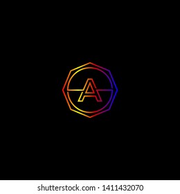 abstract isolated gradient modern line A logo letter design concept. geometric octagon logotype. circle badge initial symbol. gradient red, yellow, purple and blue colors design vector illustration