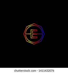 abstract isolated gradient modern line E logo letter design concept. geometric octagon logotype. circle badge initial symbol. gradient red, yellow, purple and blue colors design vector illustration