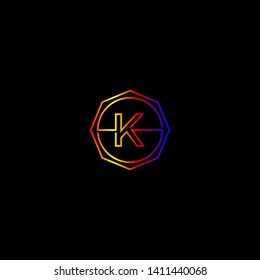 abstract isolated gradient modern line K logo letter design concept. geometric octagon logotype. circle badge initial symbol. gradient red, yellow, purple and blue colors design vector illustration