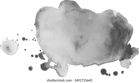 Abstract isolated grayscale watercolor splash with drops. Grunge element for paper and web design. 