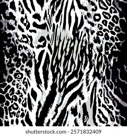 Abstract isolated hand drawn art wild african animal seamless leopard skin pattern with tiger and zebra skin background elements in black and white colors. Animal skin vector for textile printing