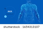 Abstract isolated human body on blue background. Polygonal top of body of adult man with polygons, particles, lines and connected dots. Medicine and healthy life digital concept. Low poly wireframe.